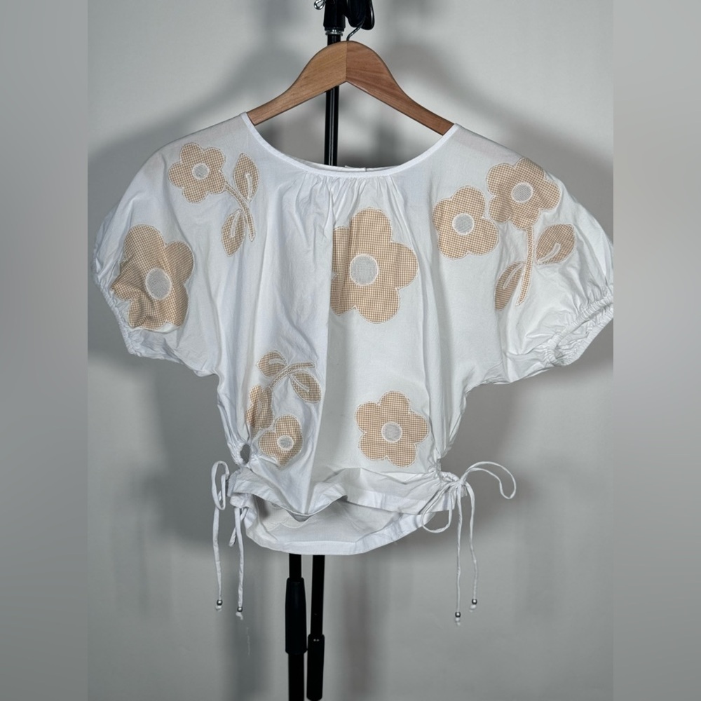 NWT Madewell Embroidered Poplin Puff-Sleeve Cutout Crop Top - Picture 4 of 7